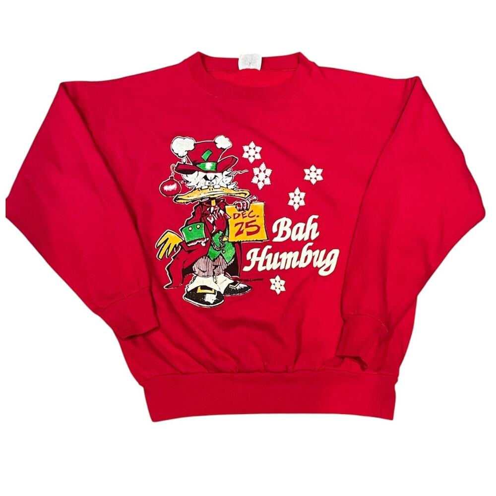 Vintage 80s Christmas Humbug Sweatshirt L Red Cartoon Graphic Crewneck Holiday